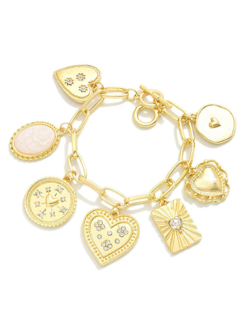 Gold Tone Heart Charm Chain Link Bracelet Rhinestone Toggle Clasp